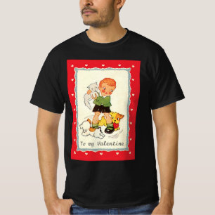 Oude victoriaanse Valentijnsdag-jongen, kat en hon T-shirt