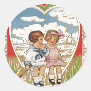 Oude Victoriaanse Valentijnsdag Kinderen in Hart Ronde Sticker