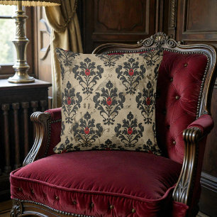 Oude Victoriaanse Zwarte Rode & Beige Damast Kussen