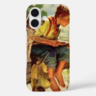 Oude vissen, jongen met zijn puppy en wormen iPhone 16 hoesje