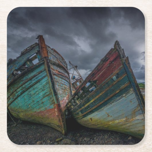 Oude Vissende boten Vierkante Kartonnen Onderzetter (Voorkant)