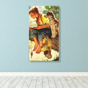 Oude visserij, jongen met zijn puppy en wormen canvas afdruk