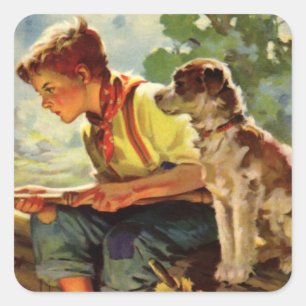Oude visserij, jongen met zijn puppy en wormen vierkante sticker