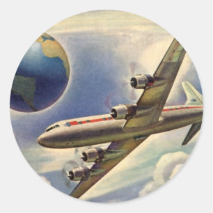 Oude vliegtuigen vliegen rond de wereld in wolken ronde sticker