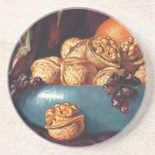 Oude voeding, walnoten en fruit in een blauwe kom zandsteen onderzetter