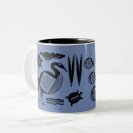 Oude vogel, schildpad, gras, water met blauwe inkt tweekleurige koffiemok