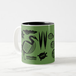 Oude vogel, schildpad, gras, water met inkt tweekleurige koffiemok