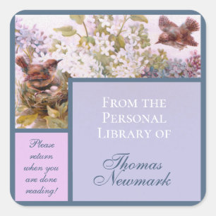 Oude vogels en seringen aangepast ex-libris vierkante sticker