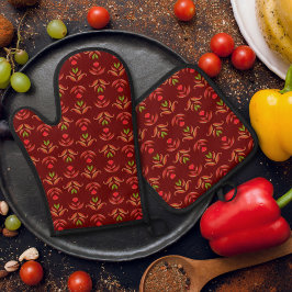 Oude volks kunst bloemprint cozy rustieke herfst ovenwant & pannenlap set