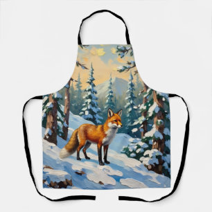 Oude vos in besneeuwde bos kerstschilderij schort