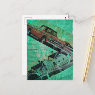 Oude vrachtwagen en schuren met groene cirkels col briefkaart