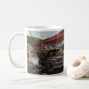 Oude vrachtwagen voor het vervoer van afval op een koffiemok