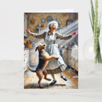 Oude vrouw dansen met hond verjaardag