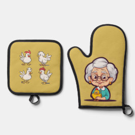 Oude vrouw met kip ovenwant & pannenlap set