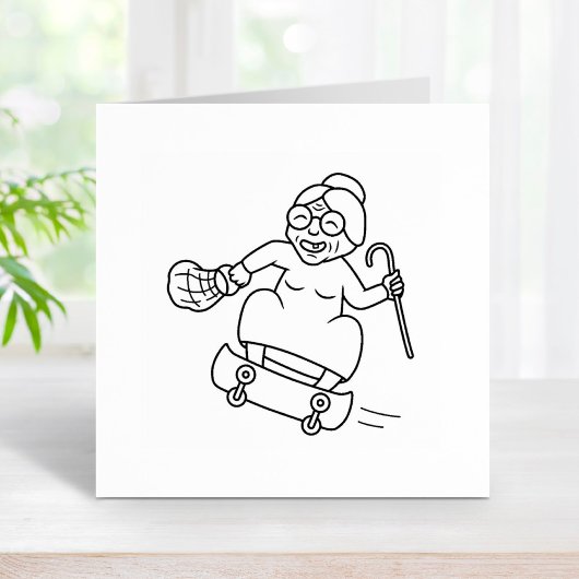 Oude vrouw Skateboarden Rubberstempel