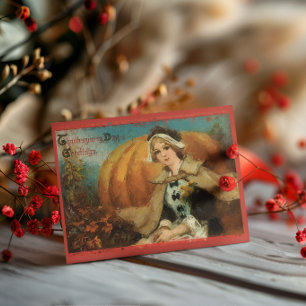 Oude vrouw van de pelgrims op Thanksgiving Feestdagenkaart