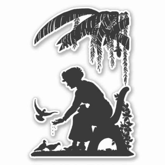 Oude Vrouw voeden Vogels Silhouet kunst Sticker (Voorkant)