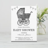 Oude  wandelwagen zwart-wit Baby shower Kaart (Staand voorkant)