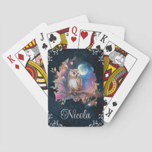 Oude waterverf hemelse fantasie uil pokerkaarten