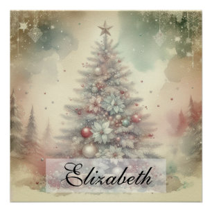 Oude waterverf kerstboom en ornamenten perfect poster