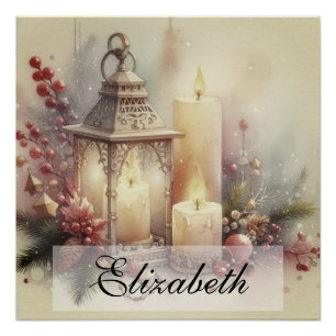 Oude waterverf Kerstlantaarn en -ornamenten Perfect Poster