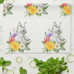 Oude waterverf Paashaas Lente Bloemen Theedoek