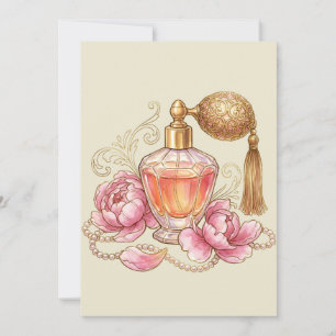 Oude waterverfparfumfles & roze pioenrozen bedankkaart
