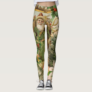 Oude Wereld Groene Kerstman Kerst Collage Antiek Leggings