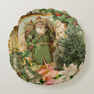 Oude Wereld Groene Kerstman Kerst Collage Antiek Rond Kussen