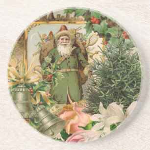 Oude Wereld Groene Kerstman Kerst Collage Antiek Zandsteen Onderzetter