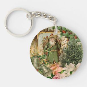 Oude Wereld Groene Kerstman Kerstcollage Antiek Sleutelhanger