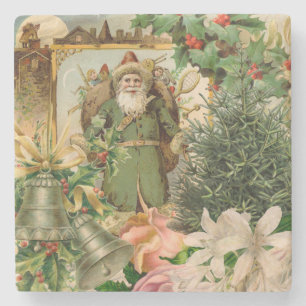 Oude Wereld Groene Kerstman Kerstcollage Antiek Stenen Onderzetter