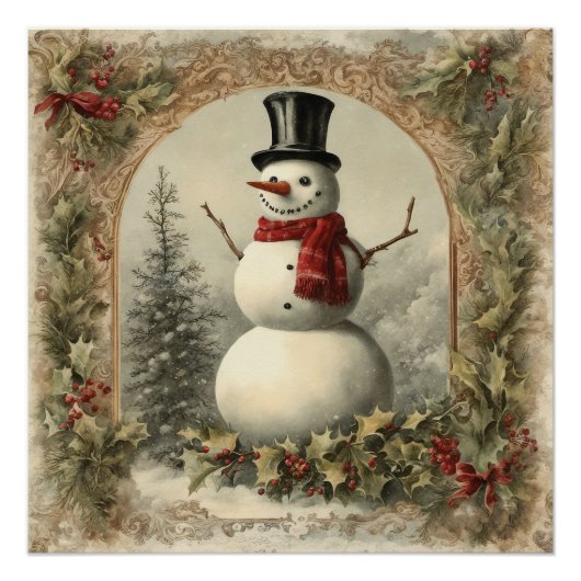 Oude Wereld Kerstmis Sneeuwman Perfect Poster (Voorkant)
