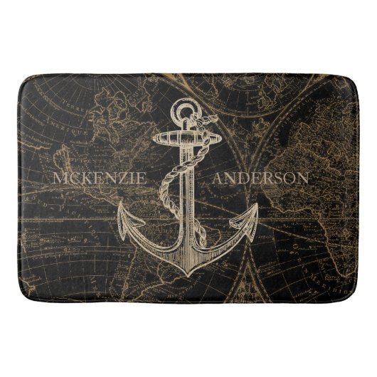 Oude Wereld Nautical Anchor Monogram Black Badmat (Voorkant)