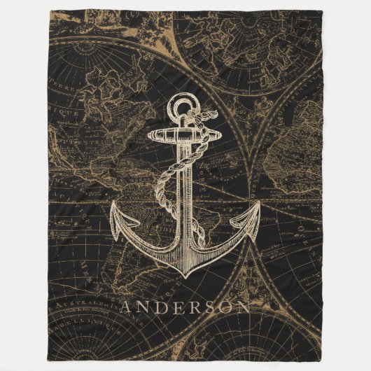 Oude Wereld Nautical Anchor Monogram Black Fleece Deken (Voorkant)