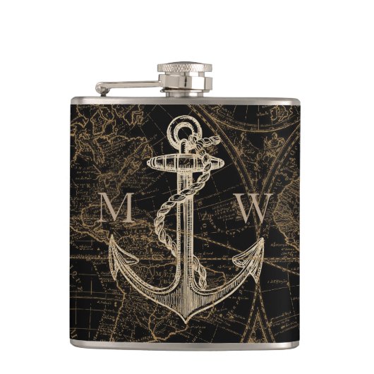 Oude Wereld Nautical Anchor Monogram Black Heupfles (Voorkant)