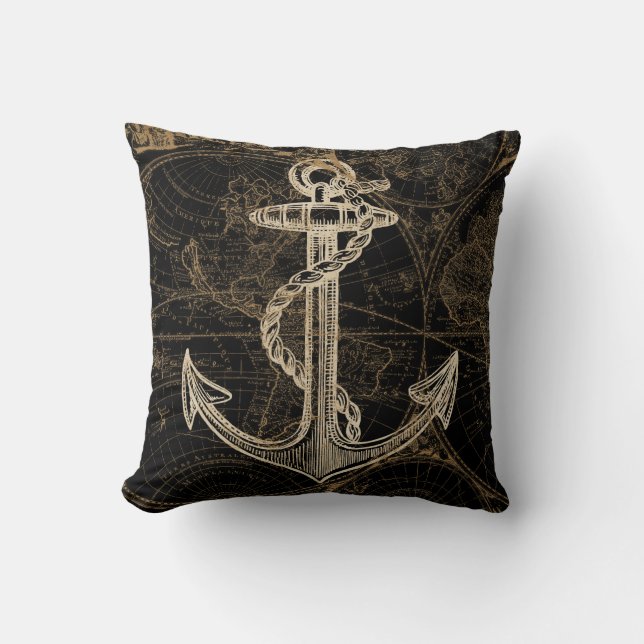 Oude Wereld Nautical Anchor Monogram Black Kussen (Voorkant)