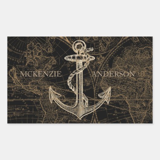 Oude Wereld Nautical Anchor Monogram Black Rechthoekige Sticker (Voorkant)