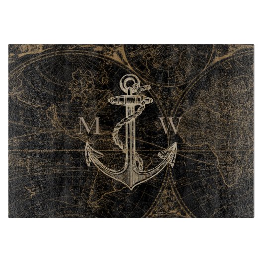 Oude Wereld Nautical Anchor Monogram Black Snijplank (Voorkant)