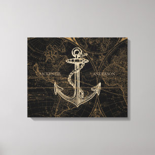 Oude wereld Nautical Anchor toevoegen Naam Zwart Canvas Afdruk