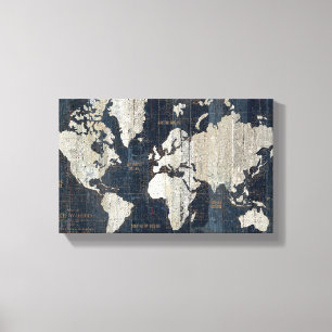 Oude Wereldkaart blauw Canvas Afdruk