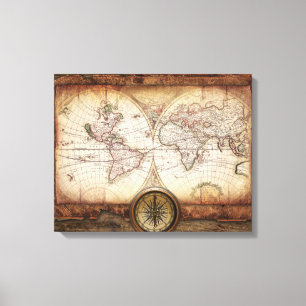 Oude Wereldkaart en Compass Roos Canvas Afdruk