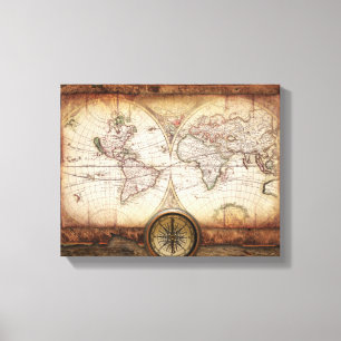Oude Wereldkaart en Compass Wrapped Canvas