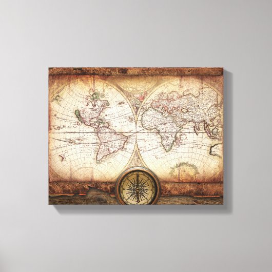Oude Wereldkaart en Compass Wrapped Canvas (Voorkant)