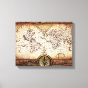 Oude Wereldkaart en Compass Wrapped Canvas Afdruk