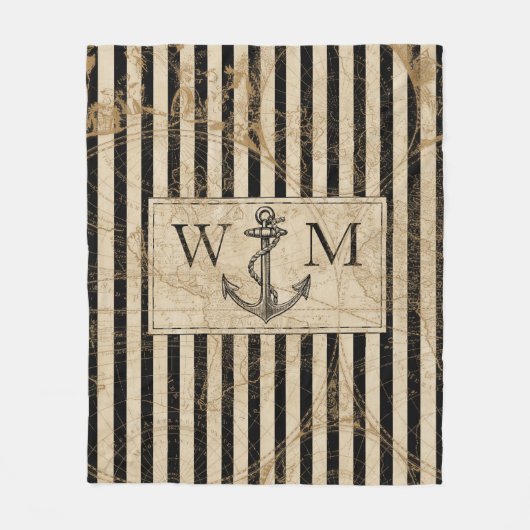 Oude Wereldkaart Nautical Anchor Monogram Fleece Deken (Voorkant)