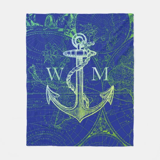 Oude Wereldkaart Nautical Anchor Monogram Fleece Deken (Voorkant)