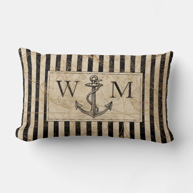 Oude Wereldkaart Nautical Anchor Monogram Kussen (Voorkant)