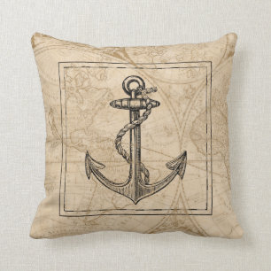Oude Wereldkaart Nautical Anchor Monogram Kussen