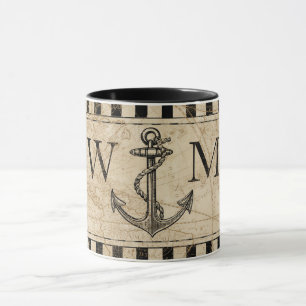 Oude Wereldkaart Nautical Anchor Monogram Mok